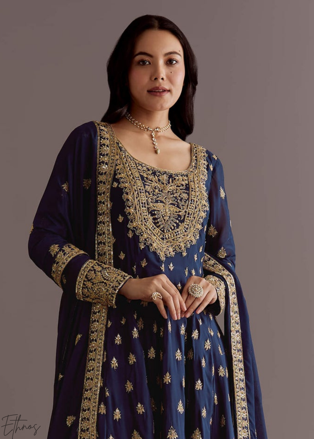 Royal Blue Chinnon Silk Anarkali Palazzo Suit