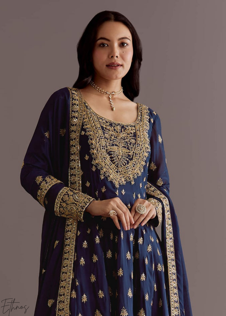 Royal Blue Chinnon Silk Anarkali Palazzo Suit
