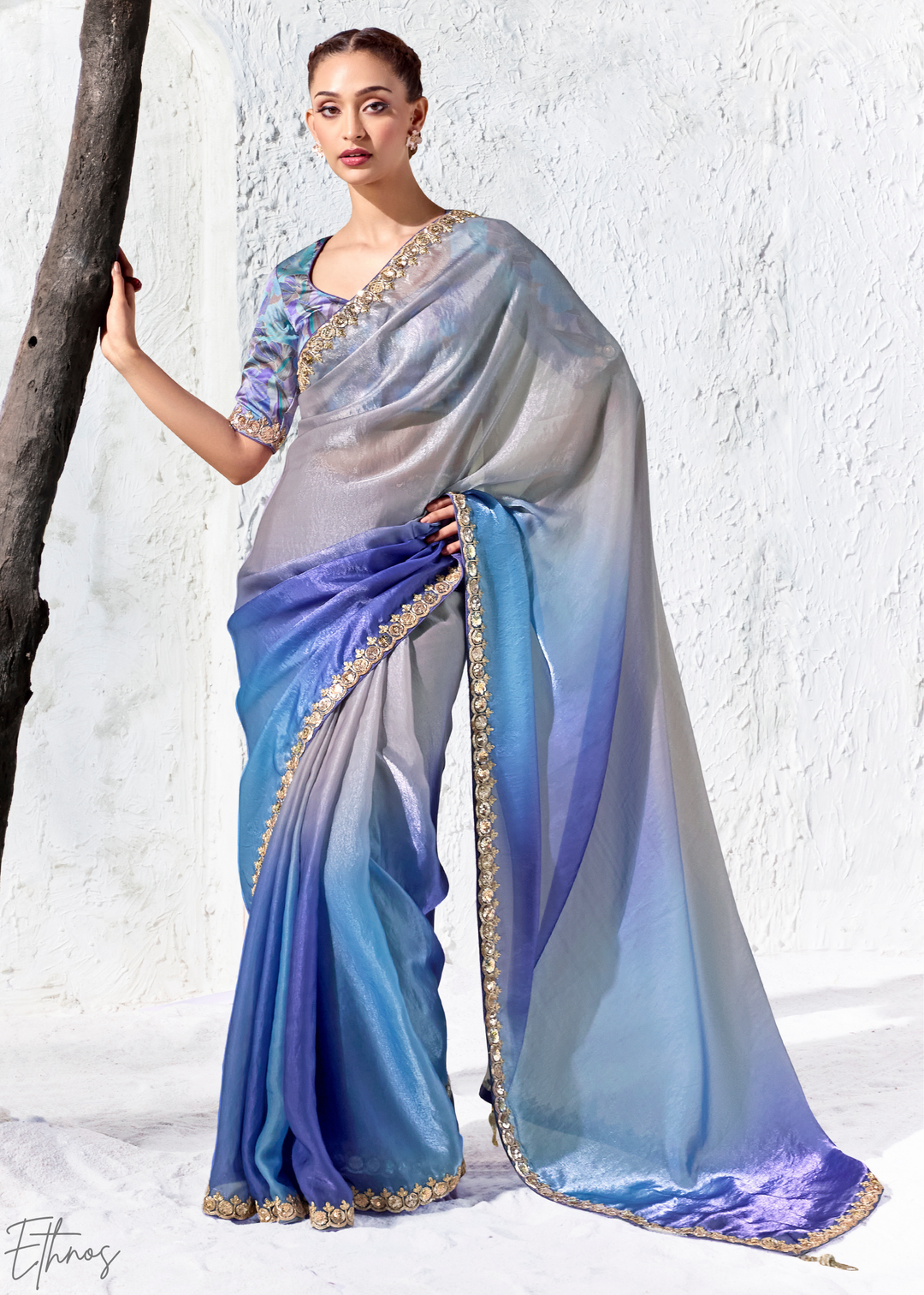 Royal Blue Dual-Tone Ombre Organza Silk Saree