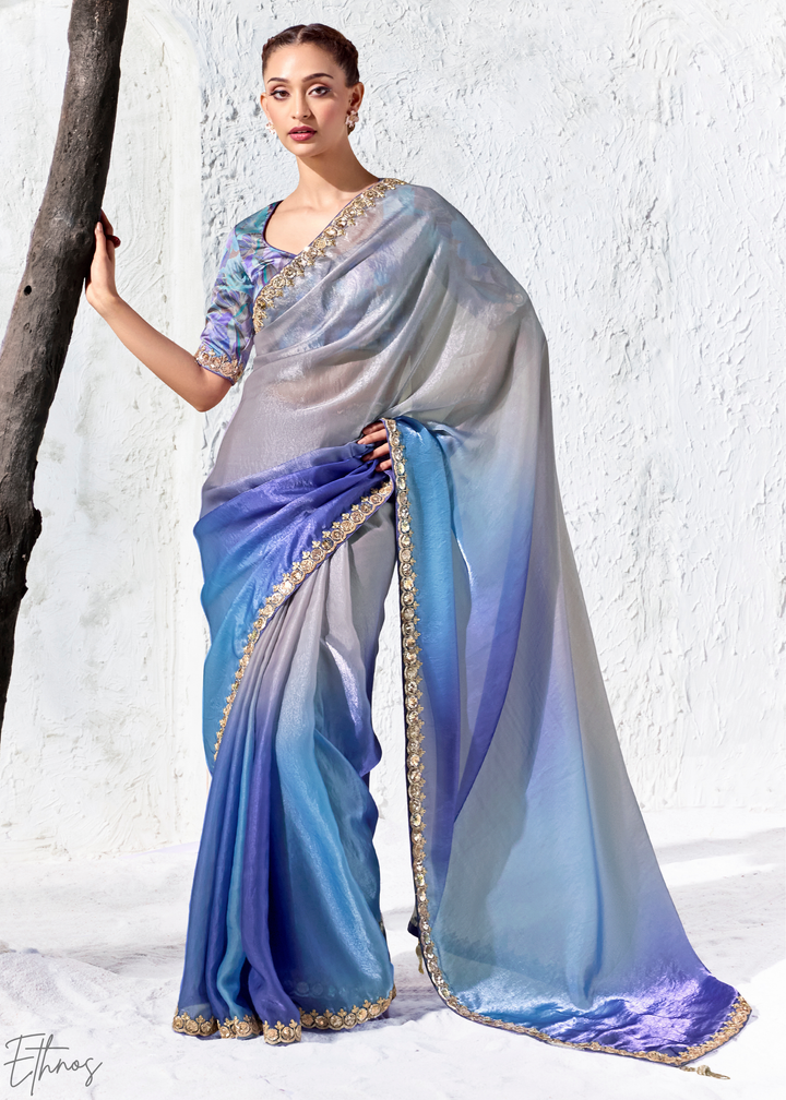Royal Blue Dual-Tone Ombre Organza Silk Saree