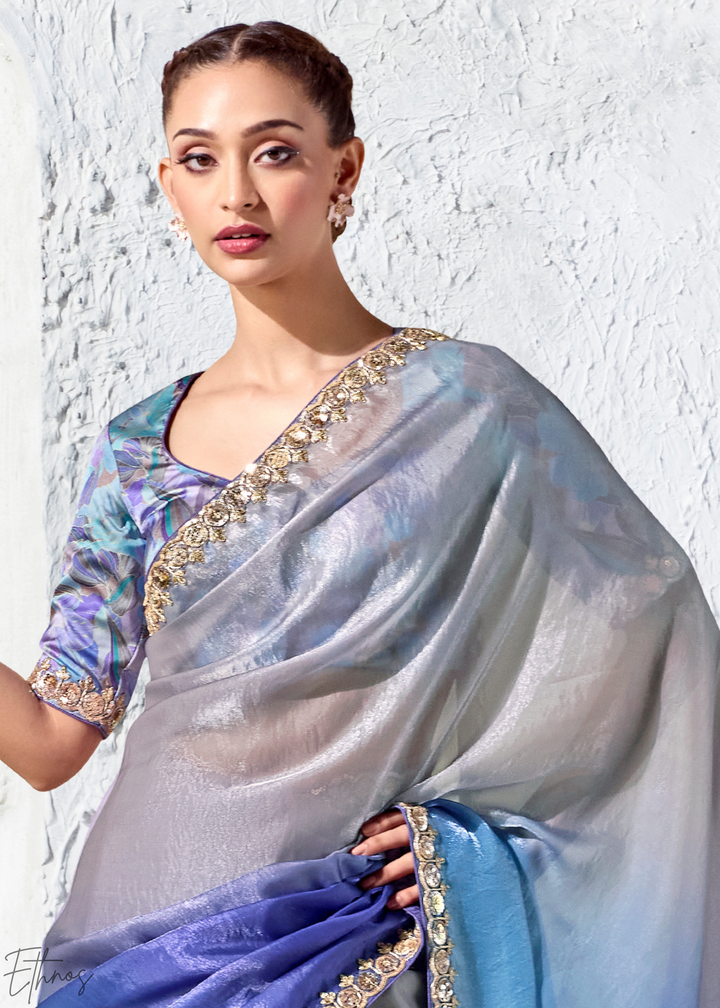 Royal Blue Dual-Tone Ombre Organza Silk Saree