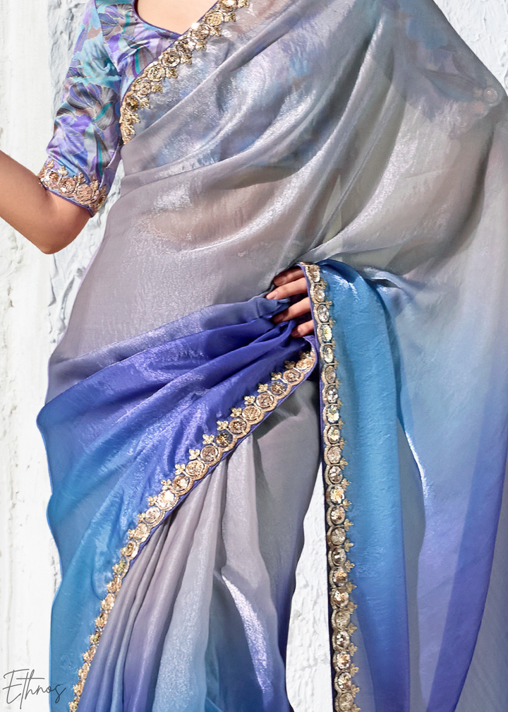 Royal Blue Dual-Tone Ombre Organza Silk Saree