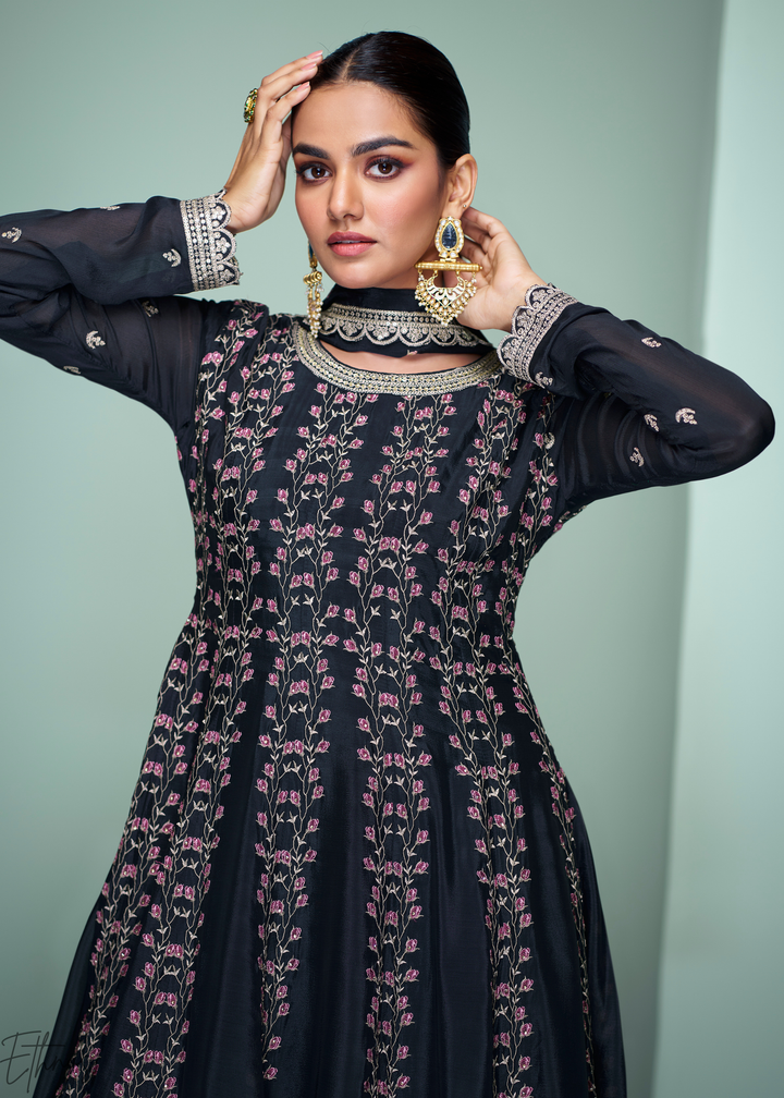 Royal Blue Embroidered Chinon Peplum Sharara Suit