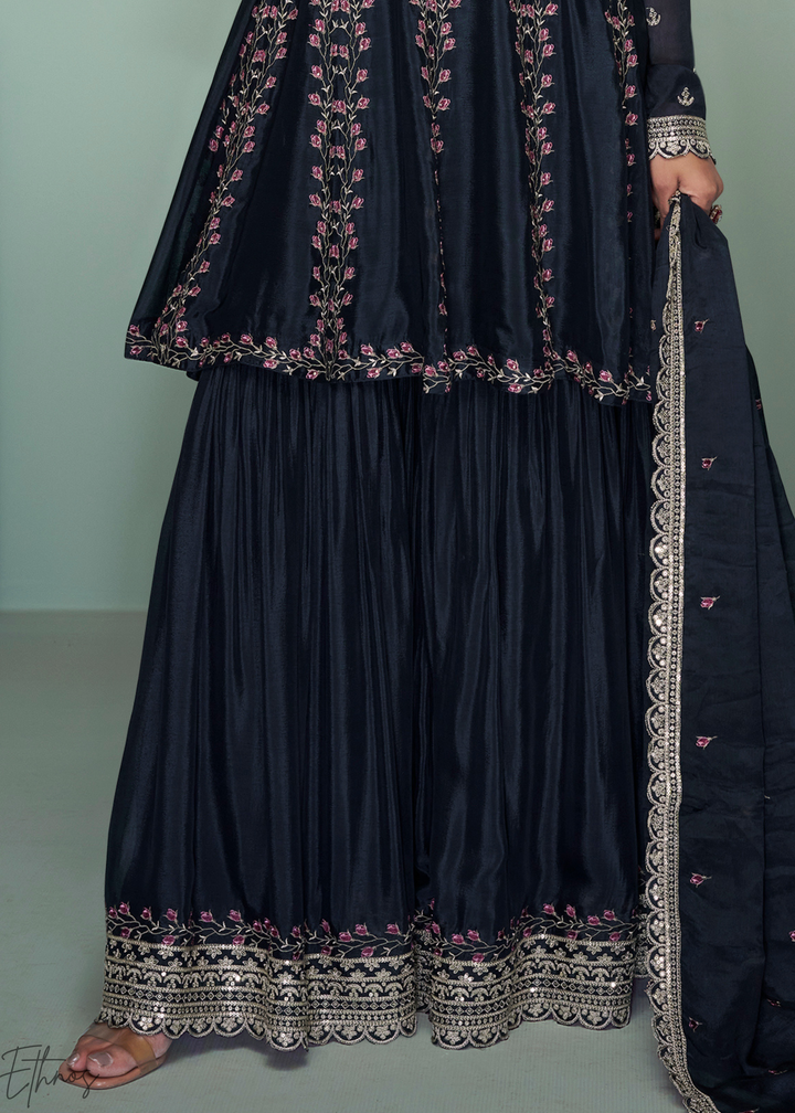 Royal Blue Embroidered Chinon Peplum Sharara Suit