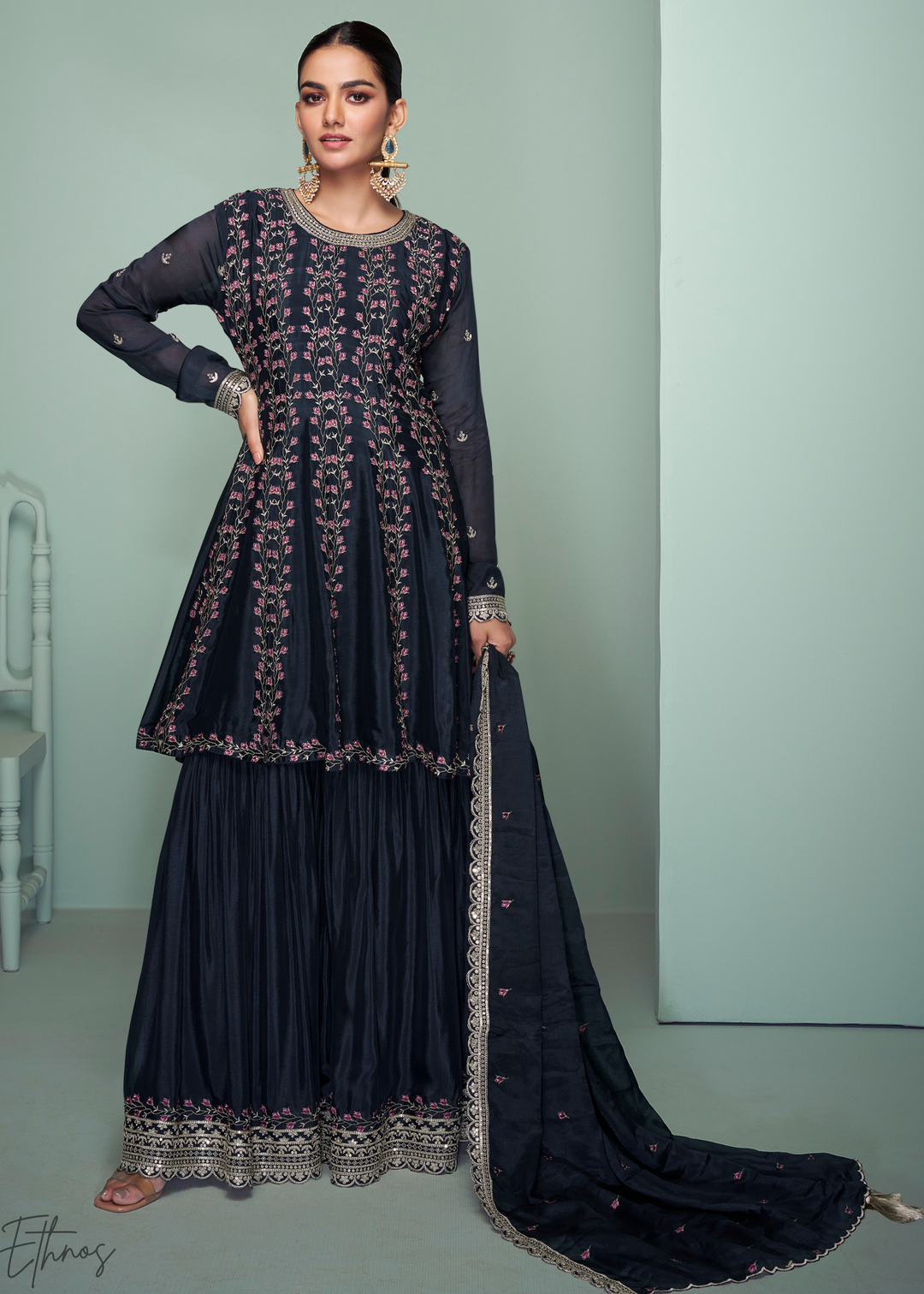 peplum sharara dress White Georgette Peplum Kurta Sharara Set With Beads And Sequins