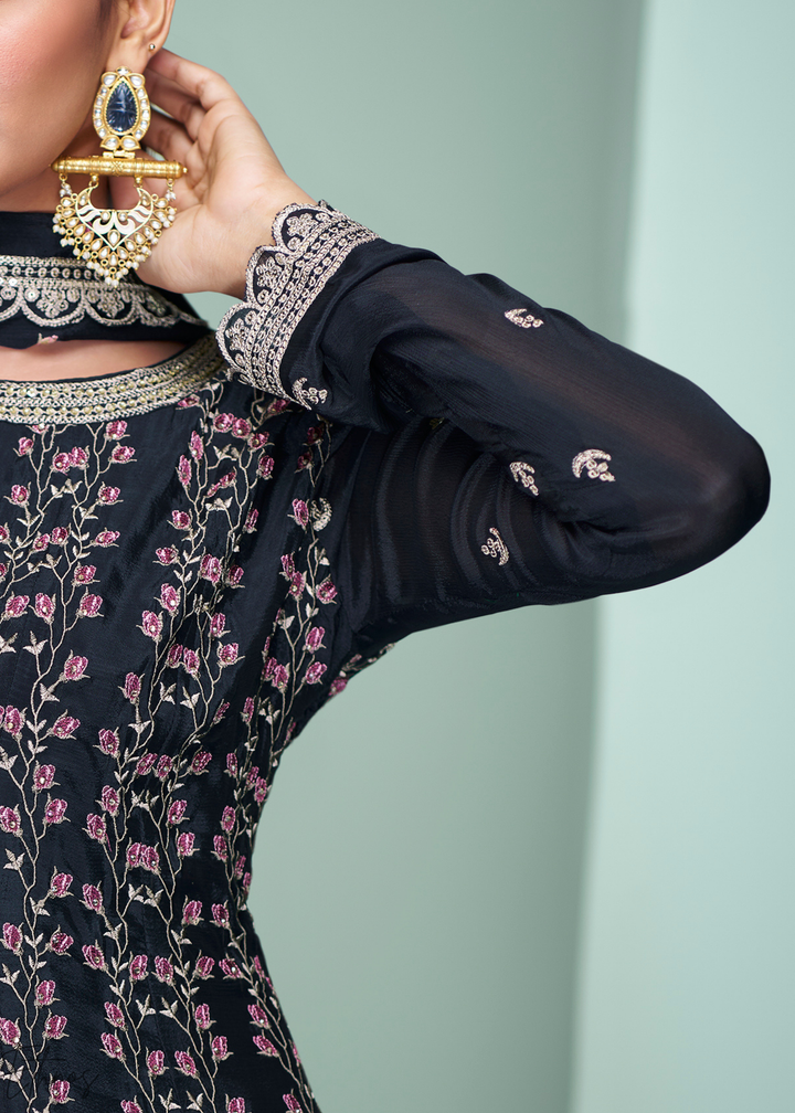 Royal Blue Embroidered Chinon Peplum Sharara Suit