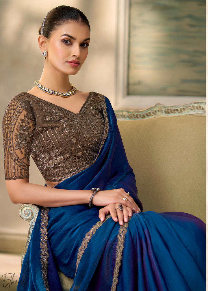 Royal Blue Ruffle Border Satin Silk Saree
