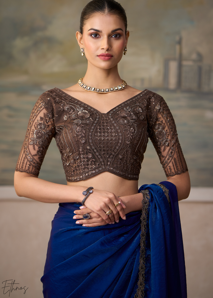 Royal Blue Ruffle Border Satin Silk Saree