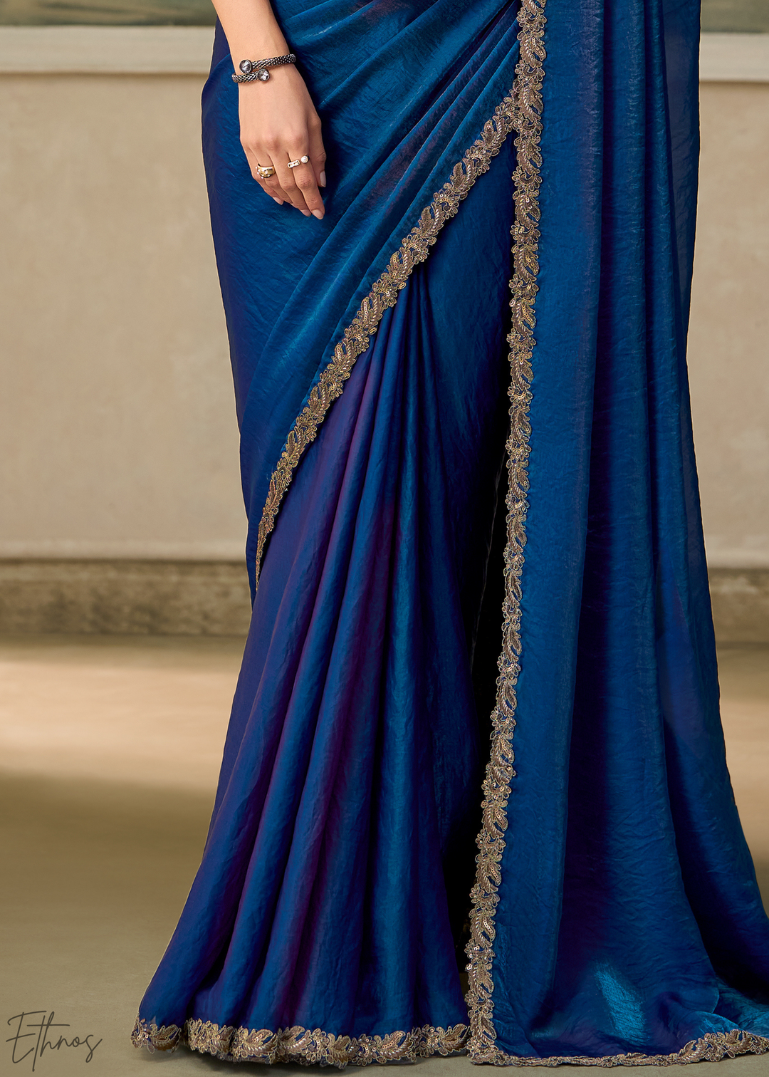 Royal Blue Ruffle Border Satin Silk Saree