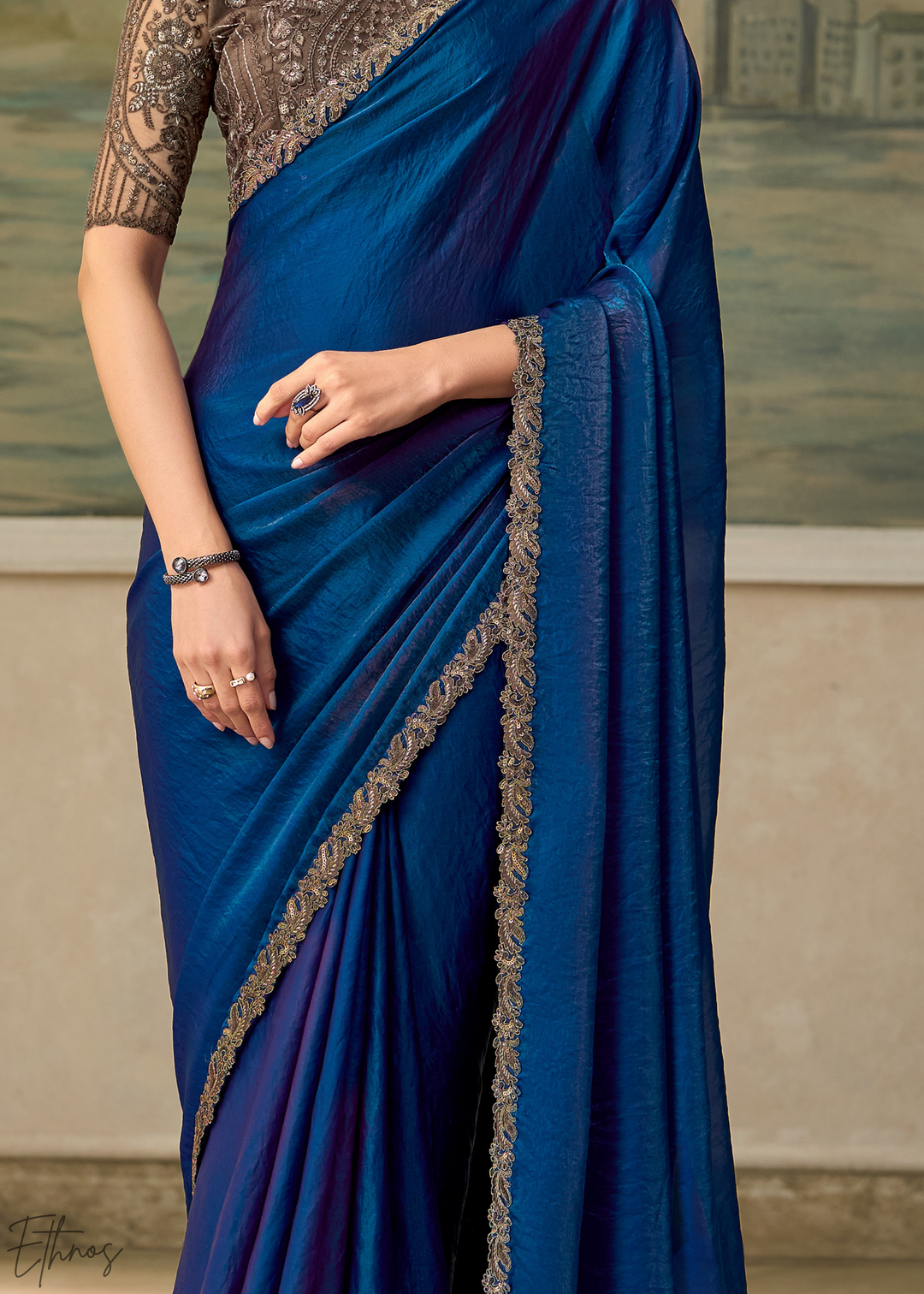 Royal Blue Ruffle Border Satin Silk Saree