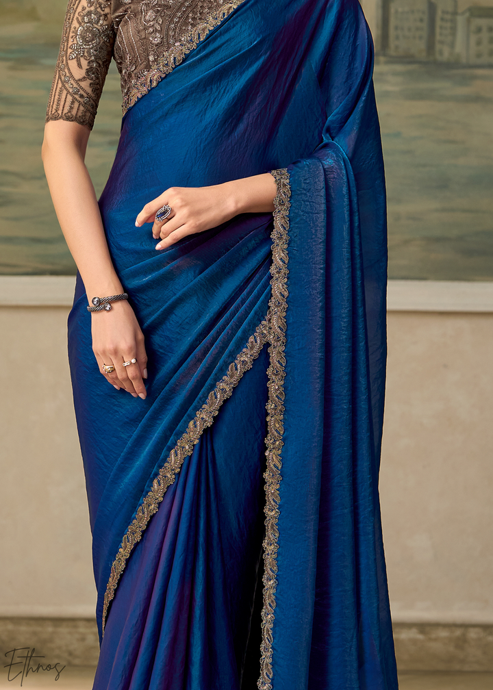 Royal Blue Ruffle Border Satin Silk Saree