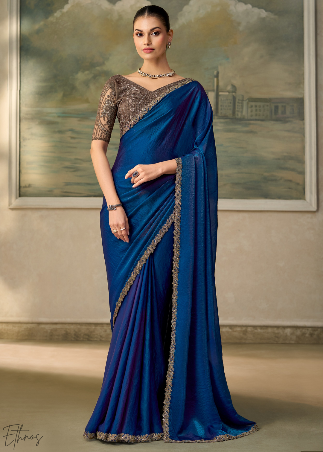 Royal Blue Ruffle Border Satin Silk Saree