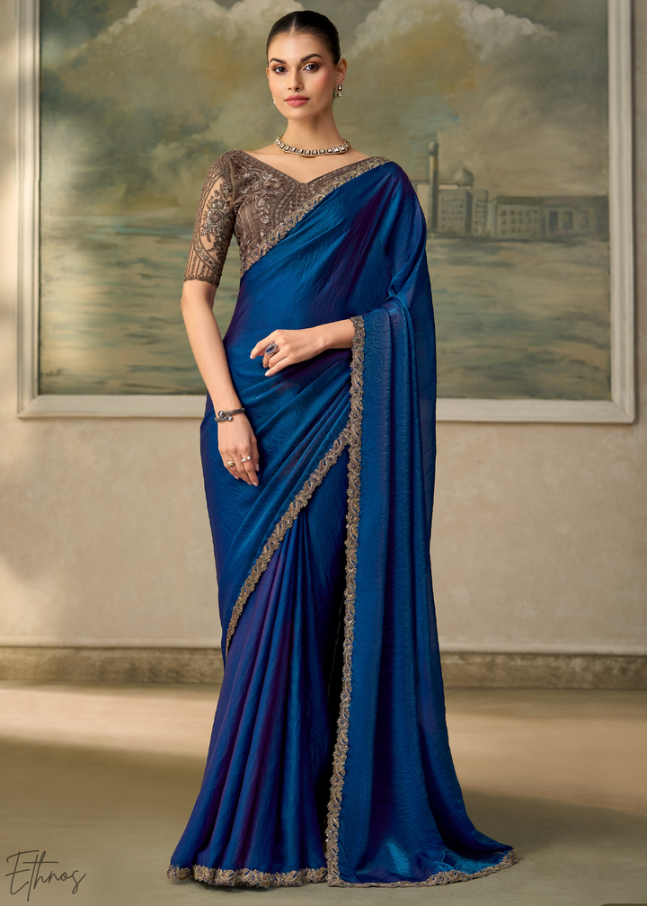 Royal Blue Ruffle Border Satin Silk Saree