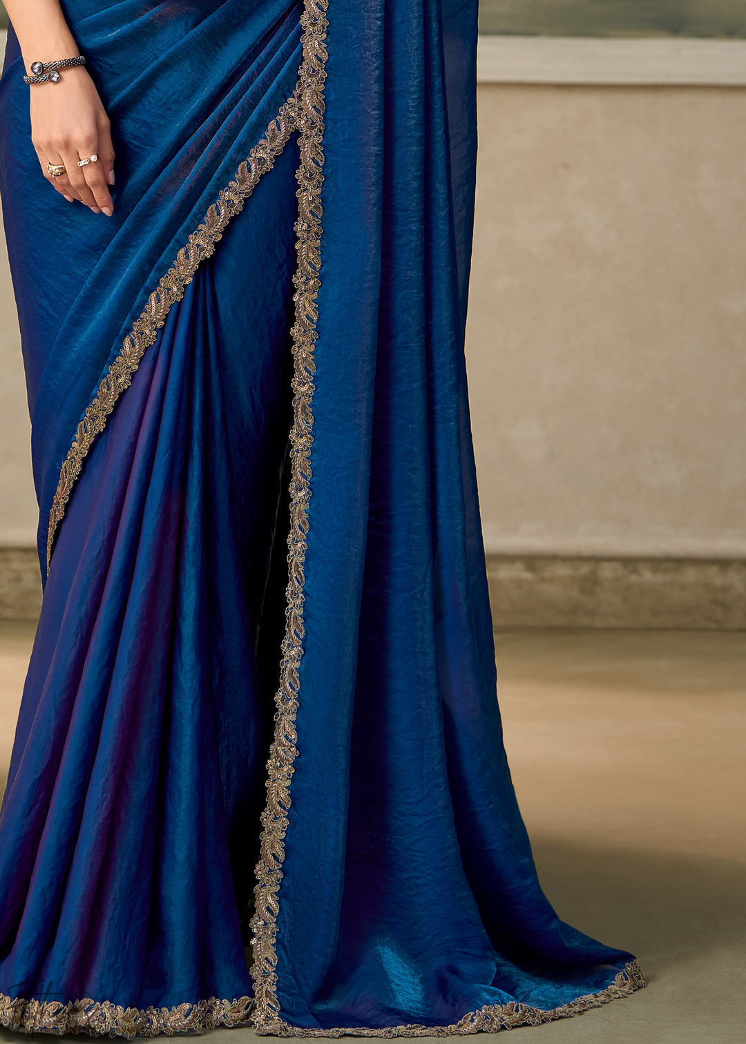 Royal Blue Ruffle Border Satin Silk Saree