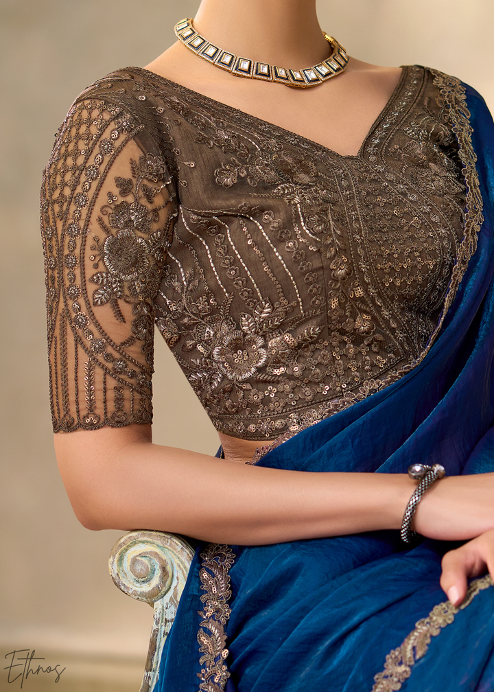 Royal Blue Ruffle Border Satin Silk Saree