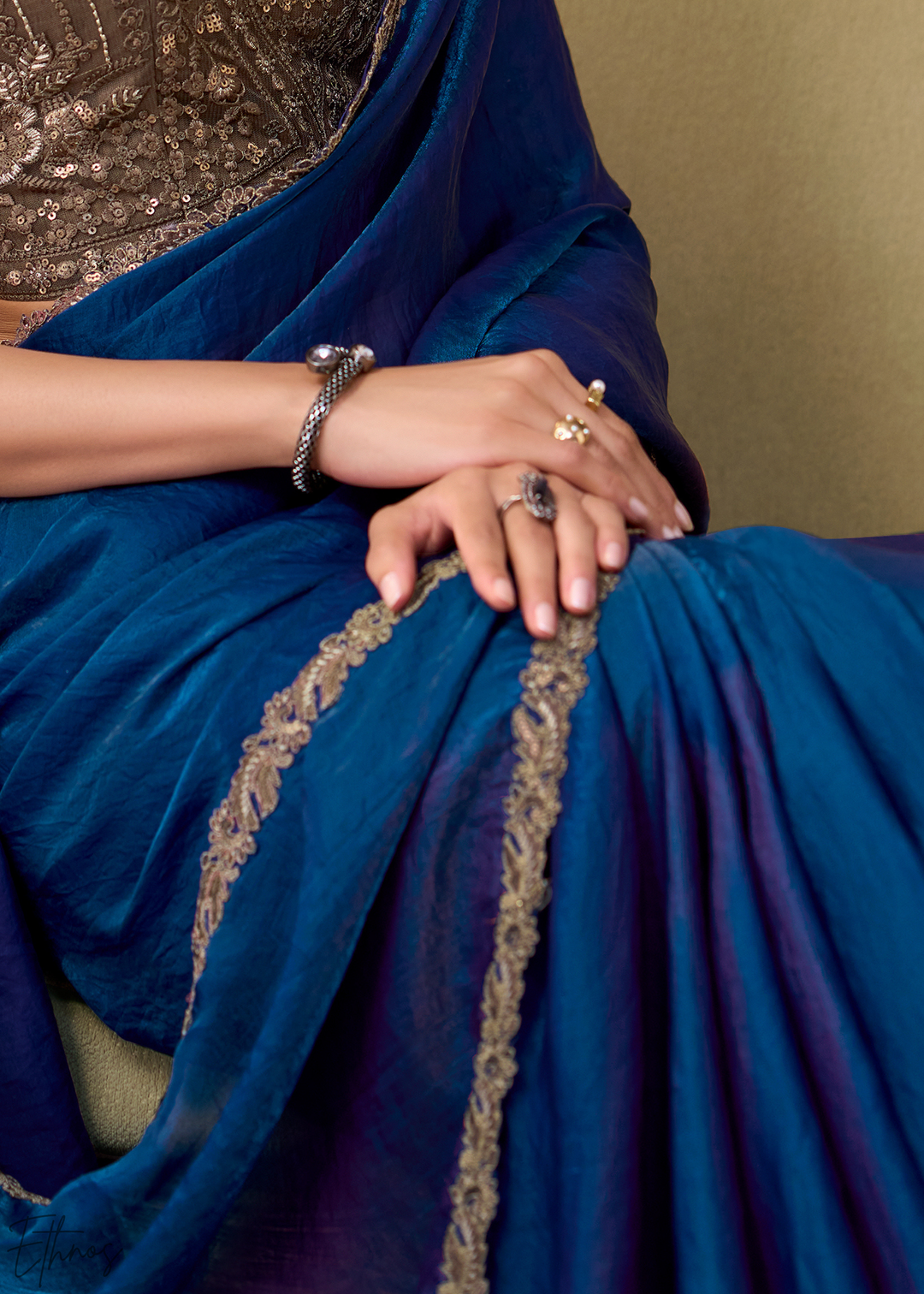 Royal Blue Ruffle Border Satin Silk Saree