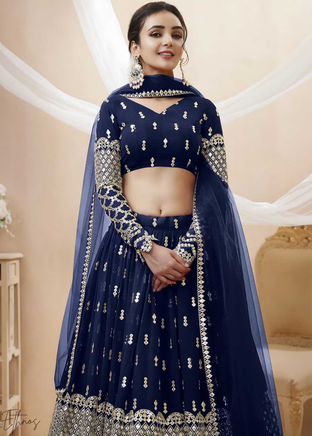 Navy Blue Sequins Georgette Lehenga
