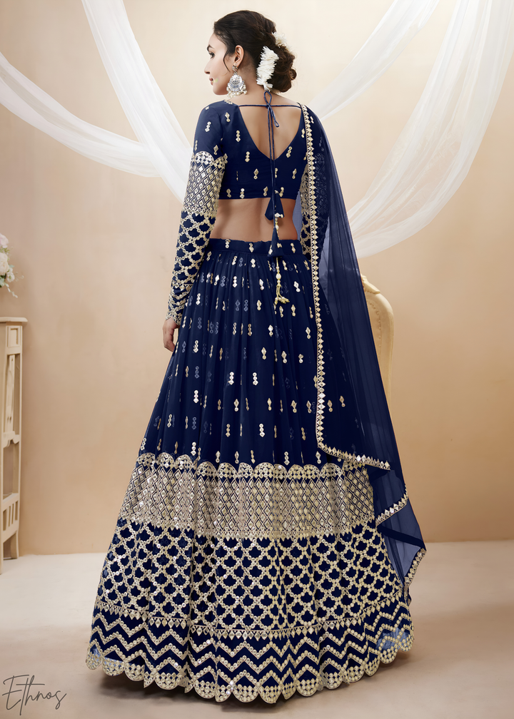 Navy Blue Sequins Georgette Lehenga
