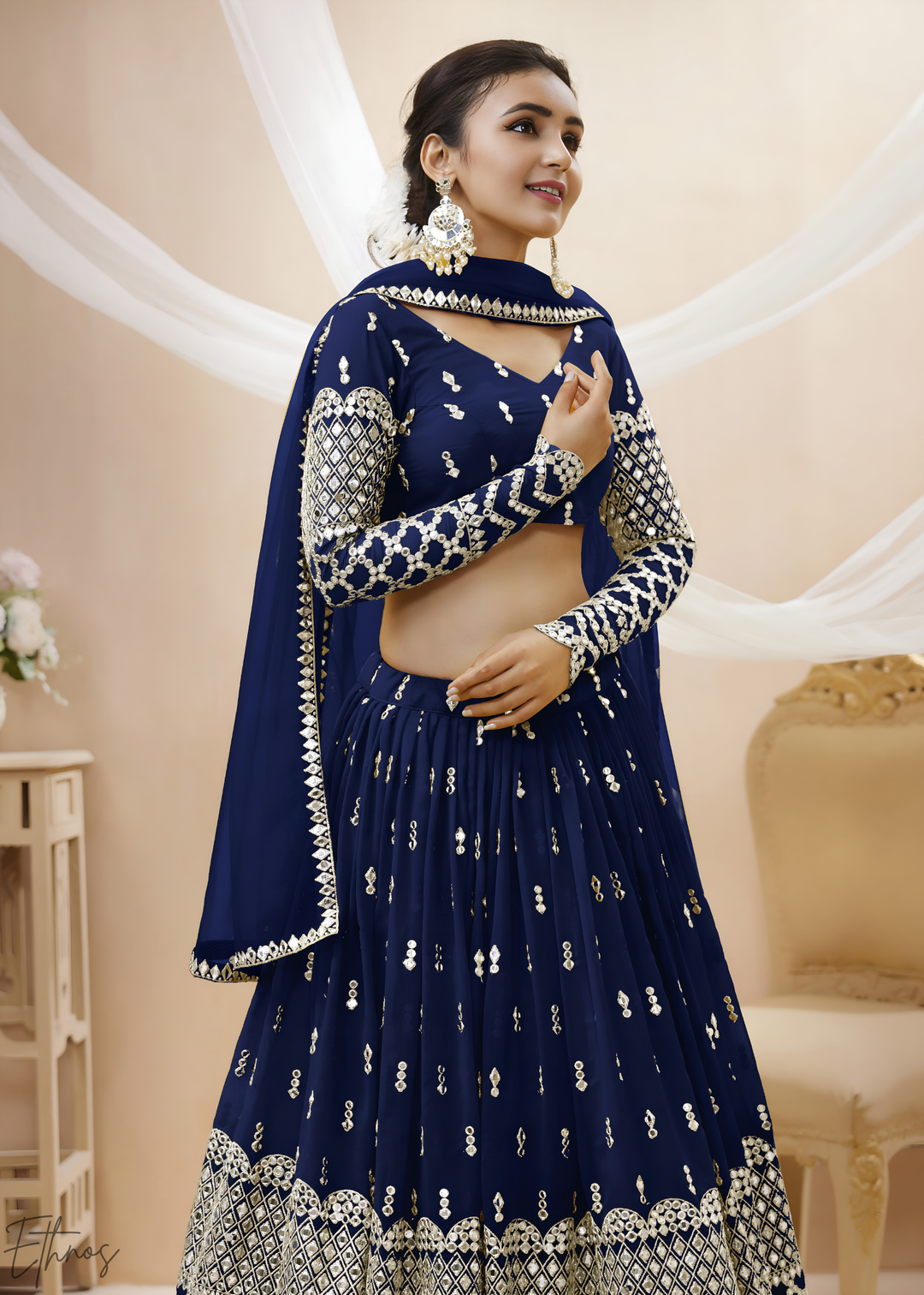 Navy Blue Sequins Georgette Lehenga