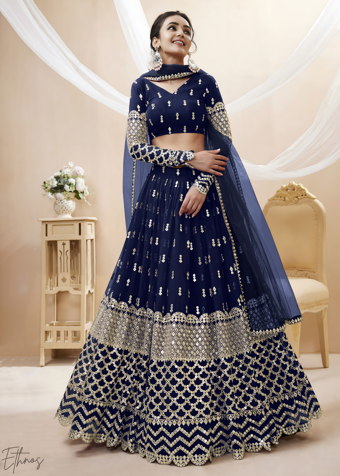 Navy Blue Sequins Georgette Lehenga