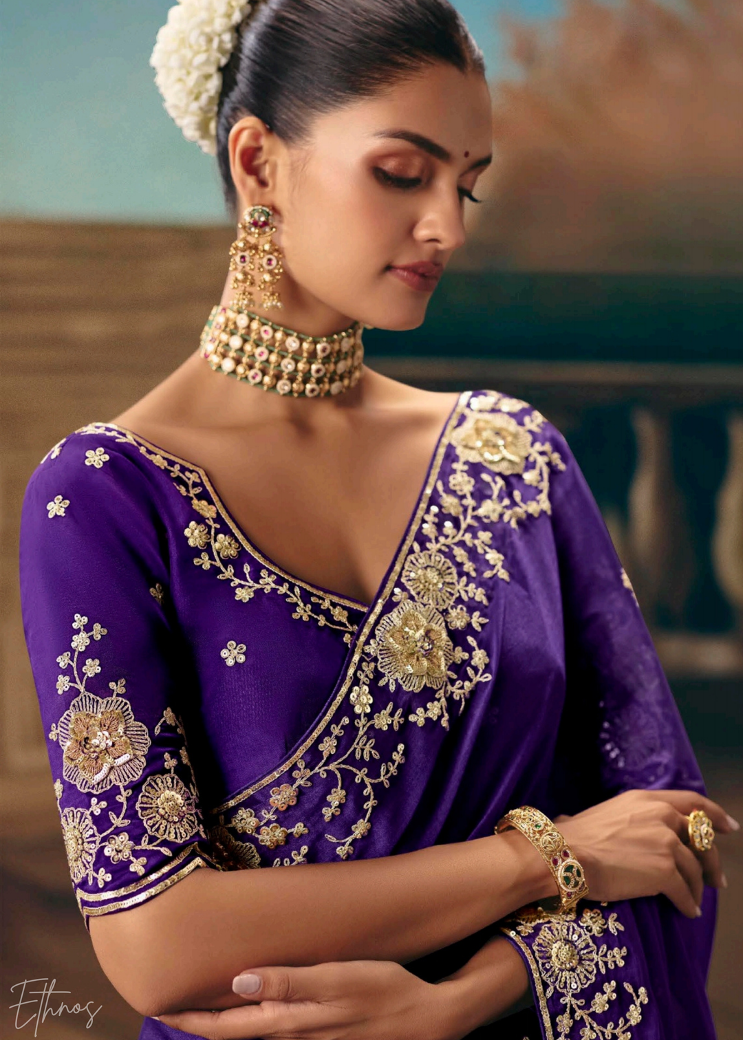 Royal Blue Sequins Organza Saree
