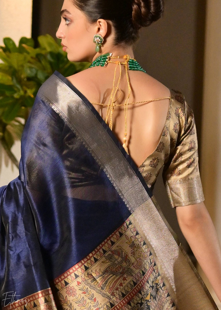 Royal Blue Zari Tussar Silk Saree