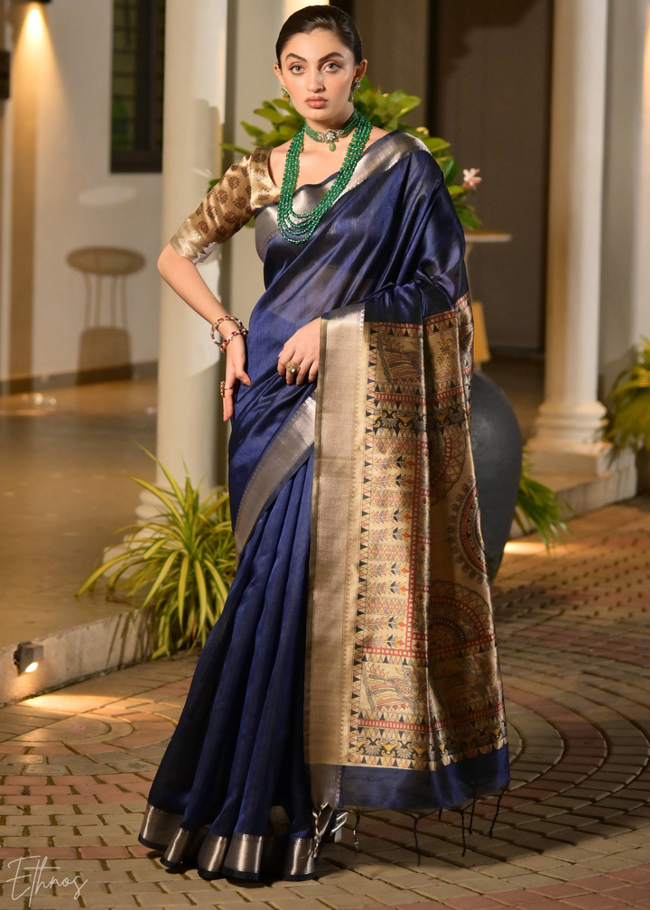 Royal Blue Zari Tussar Silk Saree