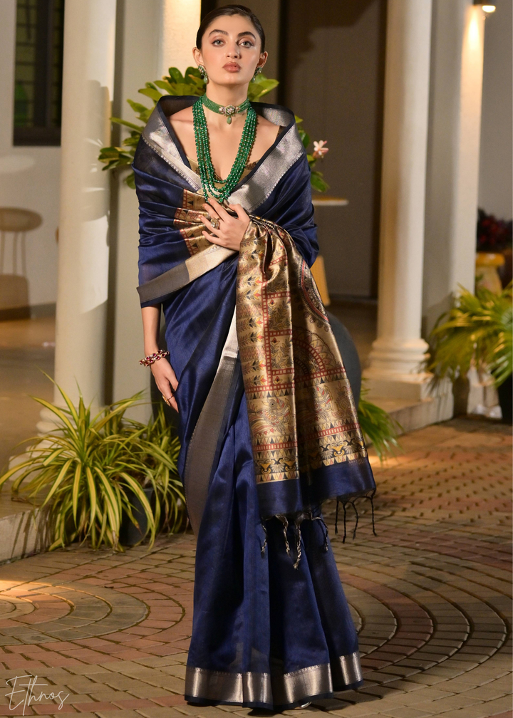 Royal Blue Zari Tussar Silk Saree