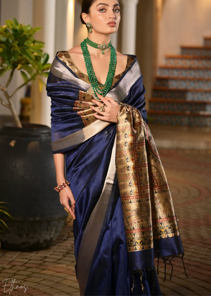 Royal Blue Zari Tussar Silk Saree