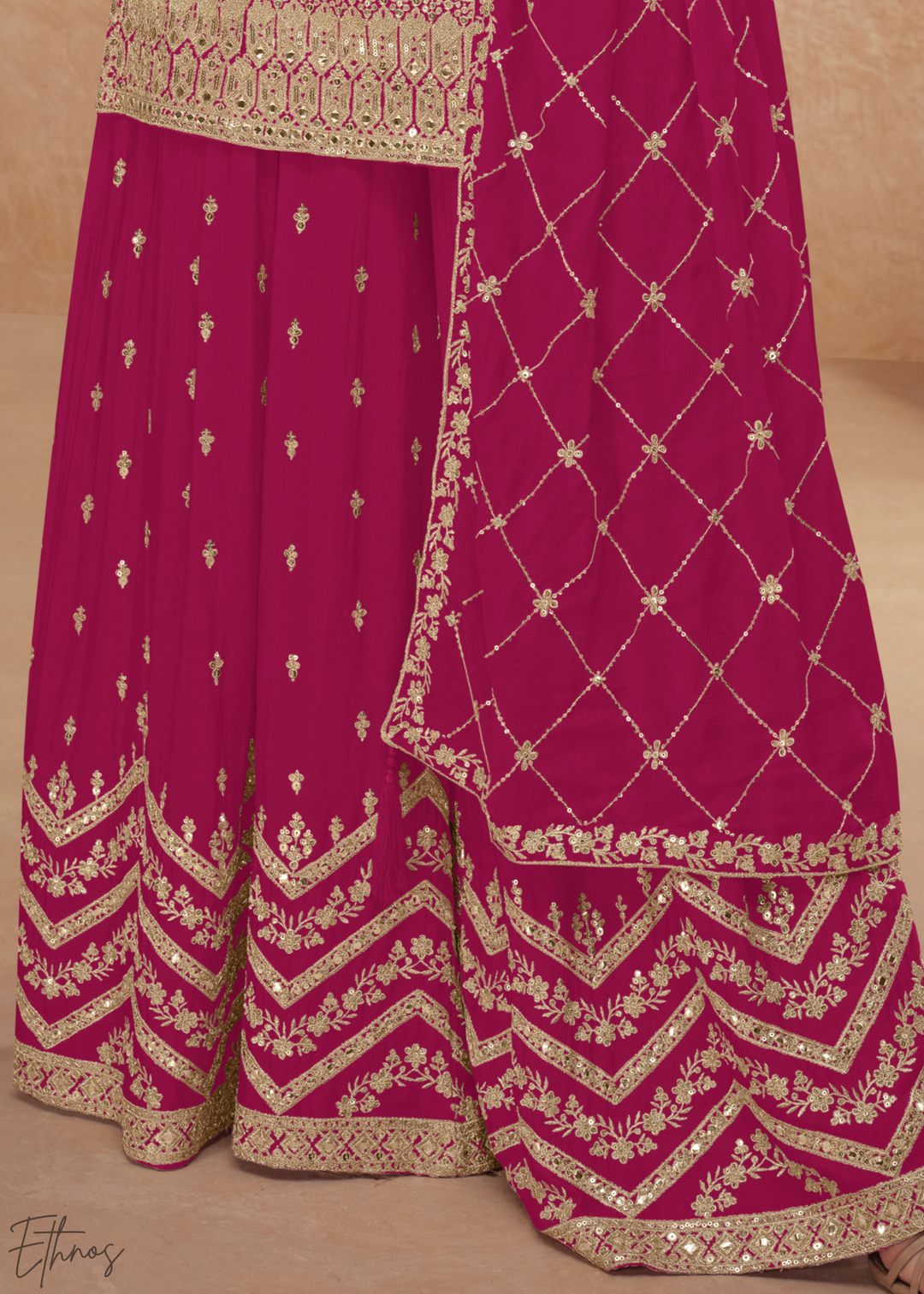 Royal Fuchsia Sequins Chinon Palazzo Suit