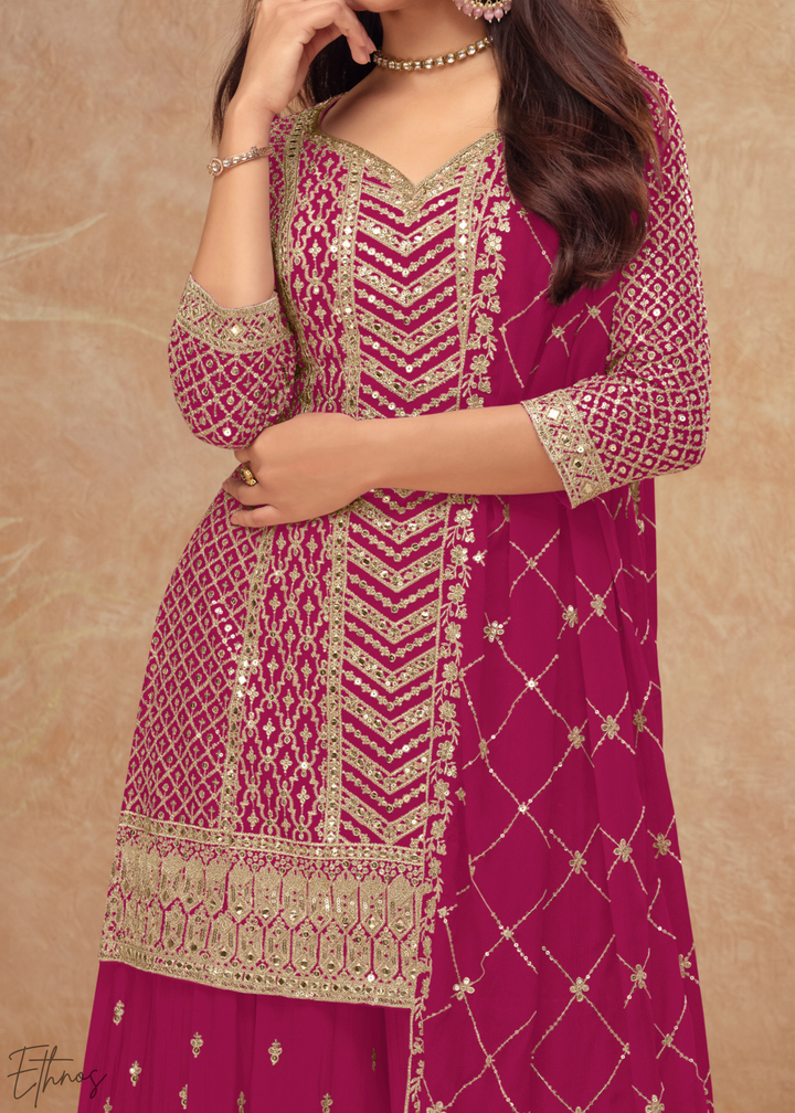 Royal Fuchsia Sequins Chinon Palazzo Suit