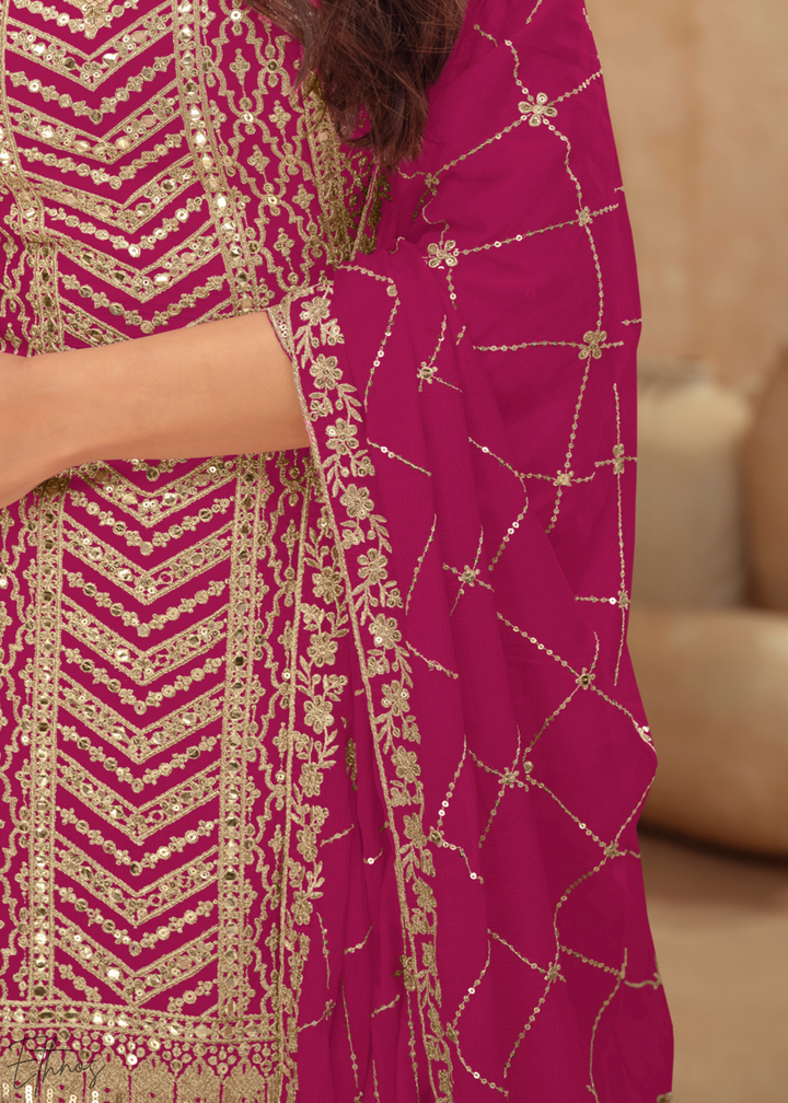 Royal Fuchsia Sequins Chinon Palazzo Suit