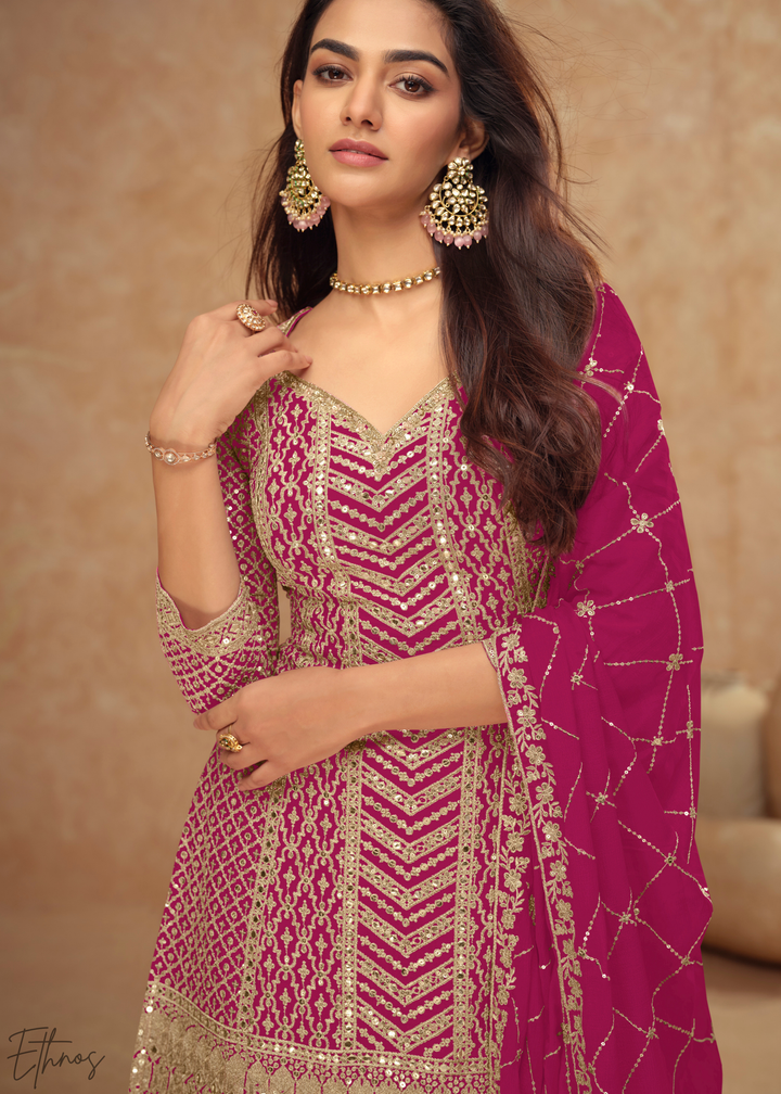 Royal Fuchsia Sequins Chinon Palazzo Suit