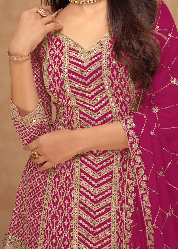 Royal Fuchsia Sequins Chinon Palazzo Suit