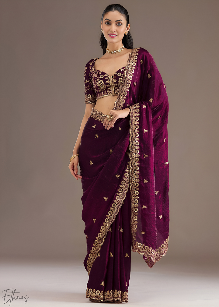 Royal Garnet Stellar Border Tissue Silk Saree