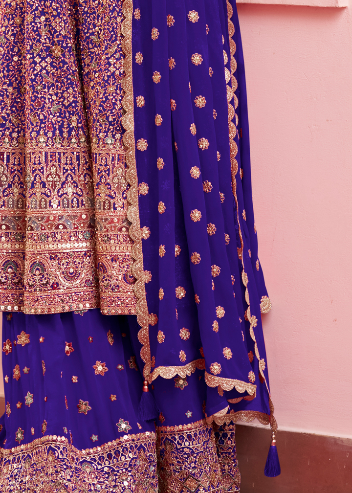 Royal Indigo Baroque Georgette Flared Tunic Palazzo Suit