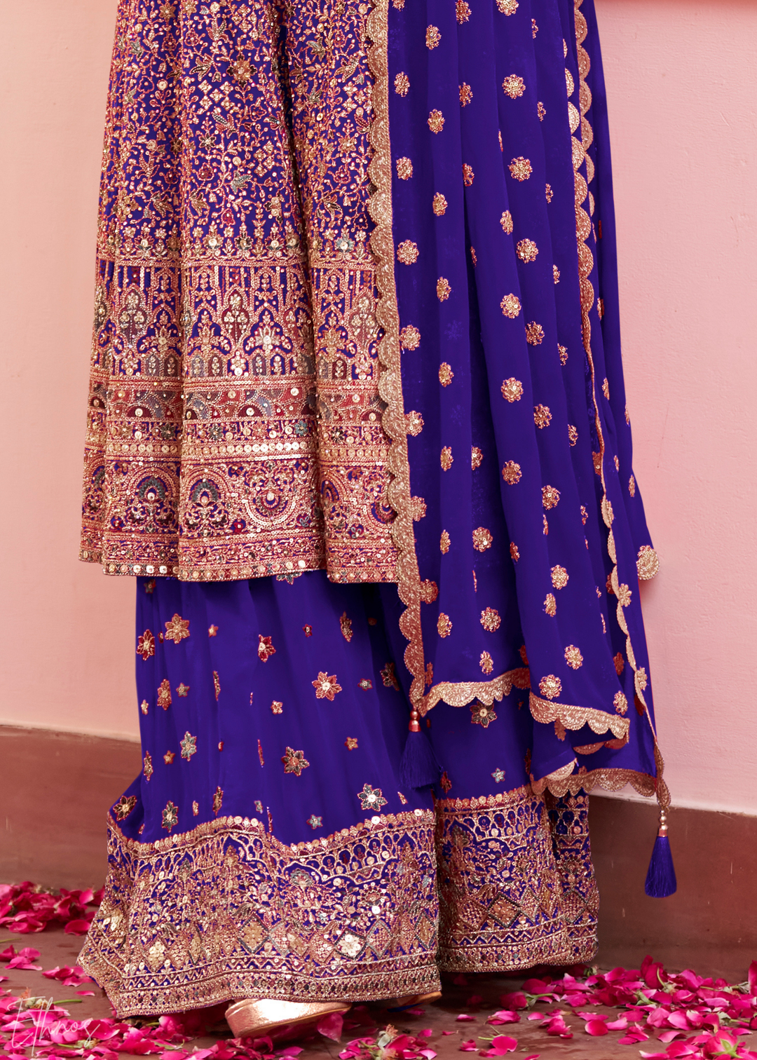 Royal Indigo Baroque Georgette Flared Tunic Palazzo Suit