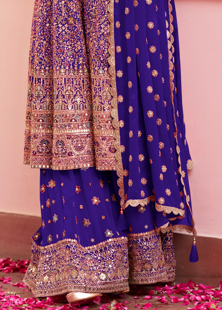 Royal Indigo Baroque Georgette Flared Tunic Palazzo Suit