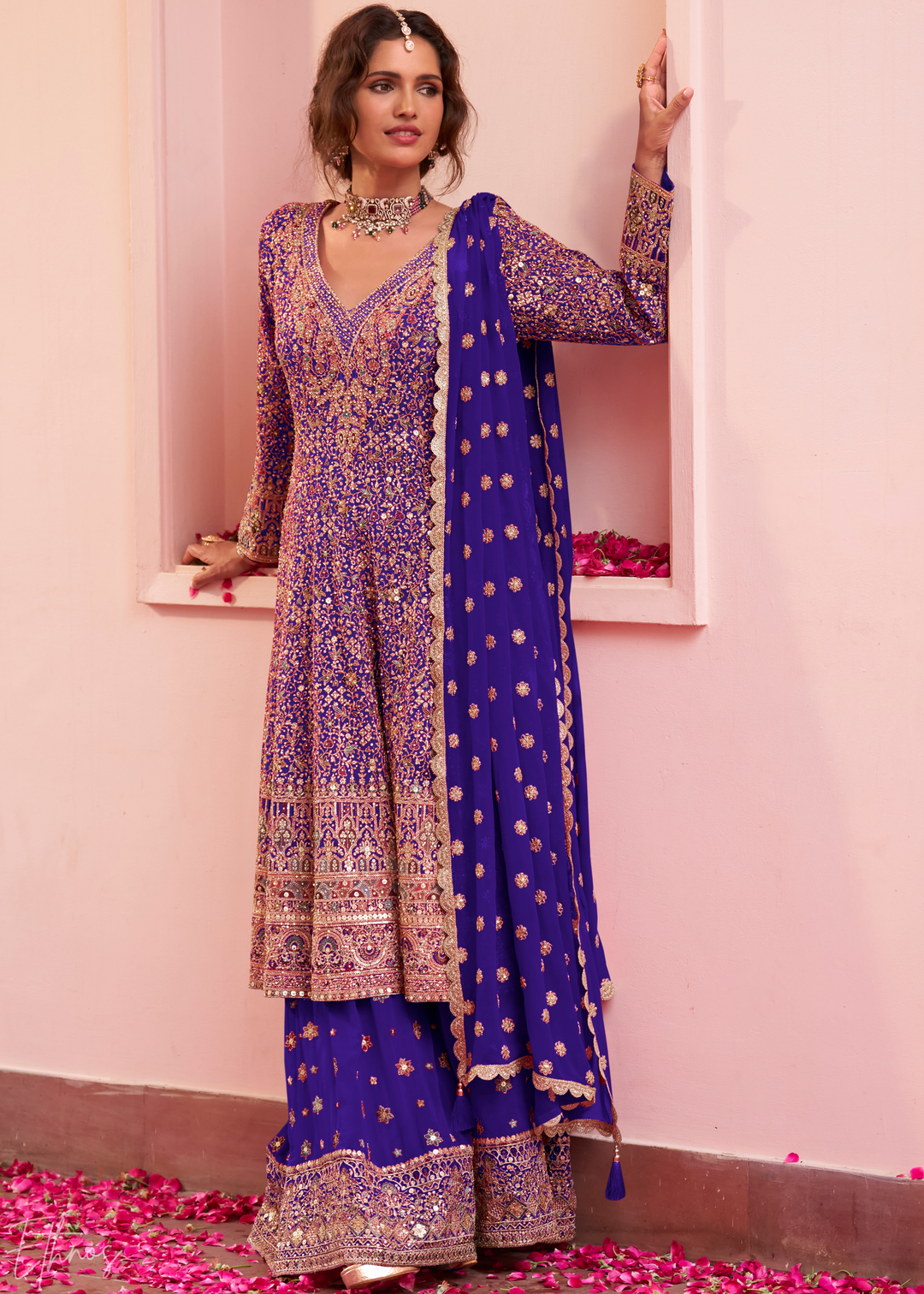 Royal Indigo Baroque Georgette Flared Tunic Palazzo Suit