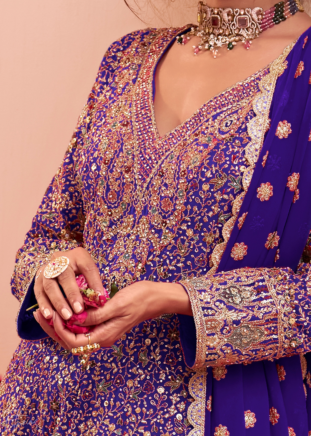Royal Indigo Baroque Georgette Flared Tunic Palazzo Suit