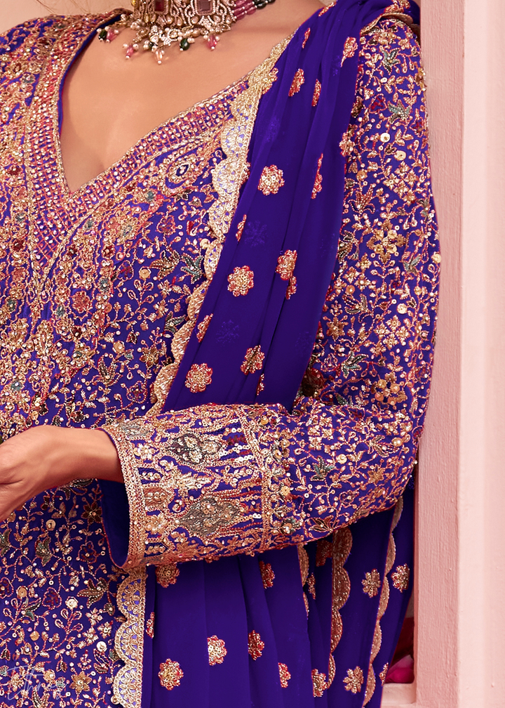 Royal Indigo Baroque Georgette Flared Tunic Palazzo Suit