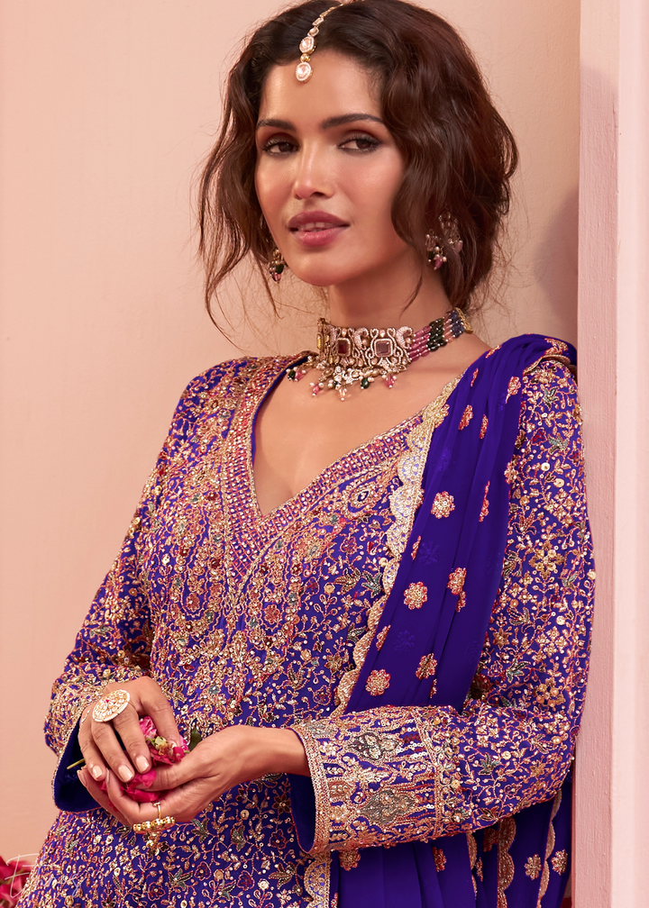 Royal Indigo Baroque Georgette Flared Tunic Palazzo Suit