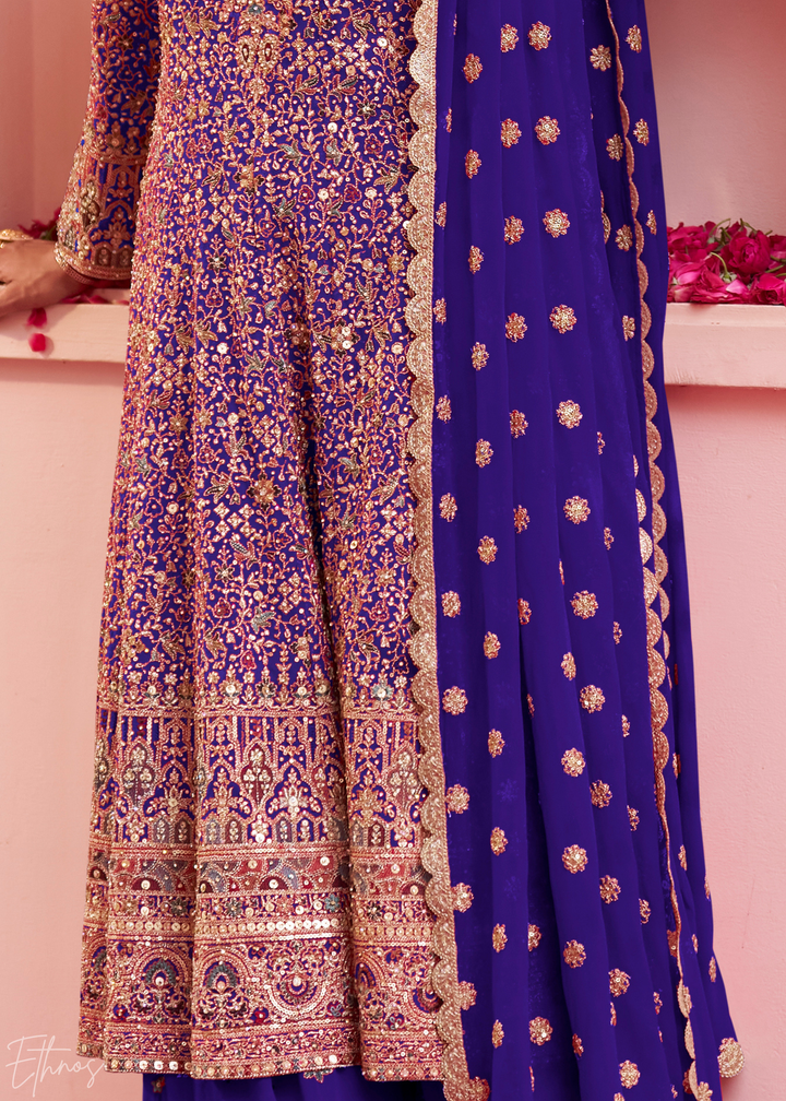 Royal Indigo Baroque Georgette Flared Tunic Palazzo Suit