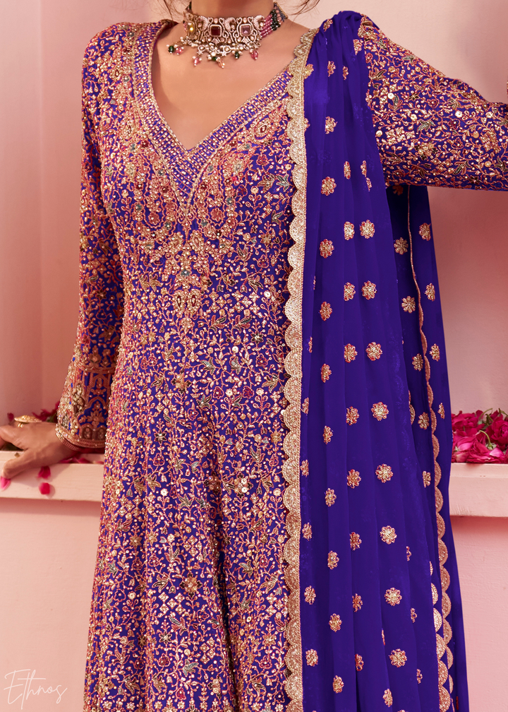 Royal Indigo Baroque Georgette Flared Tunic Palazzo Suit