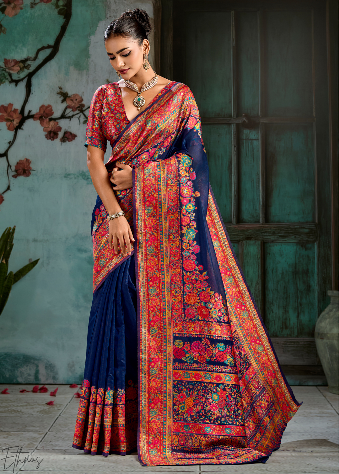 Royal Indigo Kashmiri Kani Pashmina Silk Saree