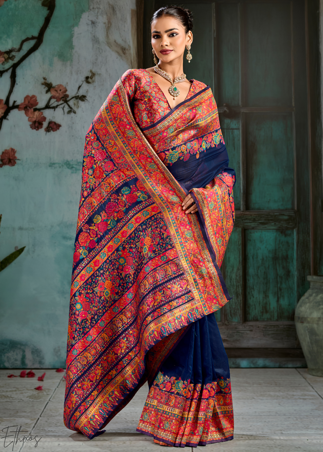 Royal Indigo Kashmiri Kani Pashmina Silk Saree