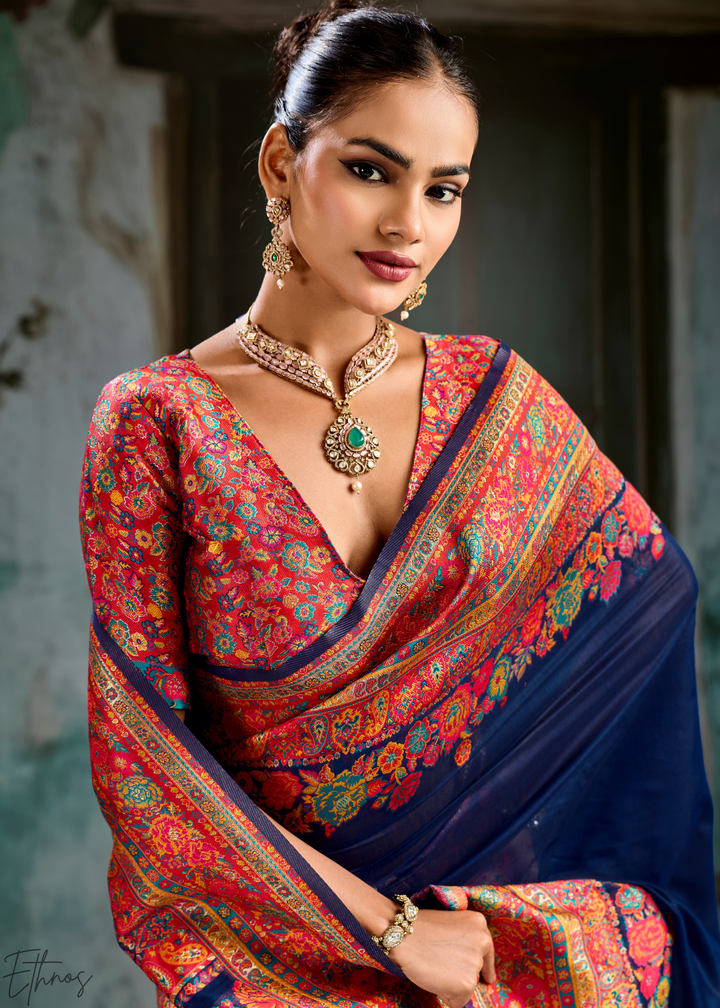 Royal Indigo Kashmiri Kani Pashmina Silk Saree