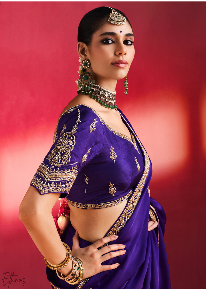 Royal Indigo Paisley Trim Border Soft Silk Saree