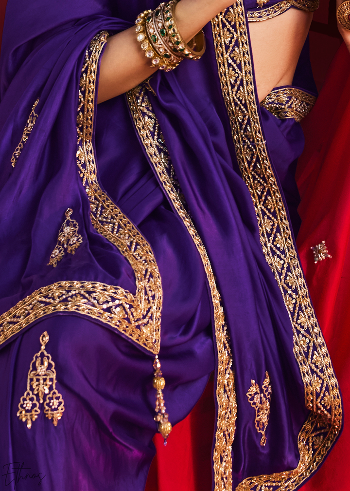 Royal Indigo Paisley Trim Border Soft Silk Saree