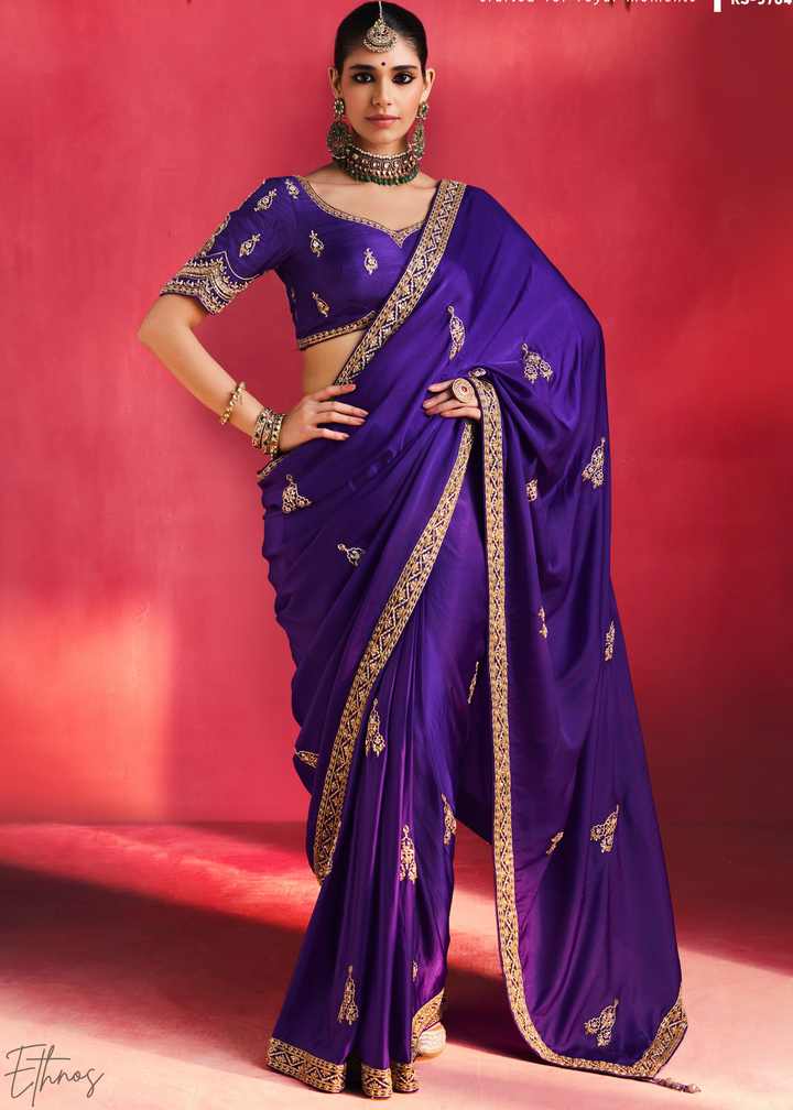 Royal Indigo Paisley Trim Border Soft Silk Saree